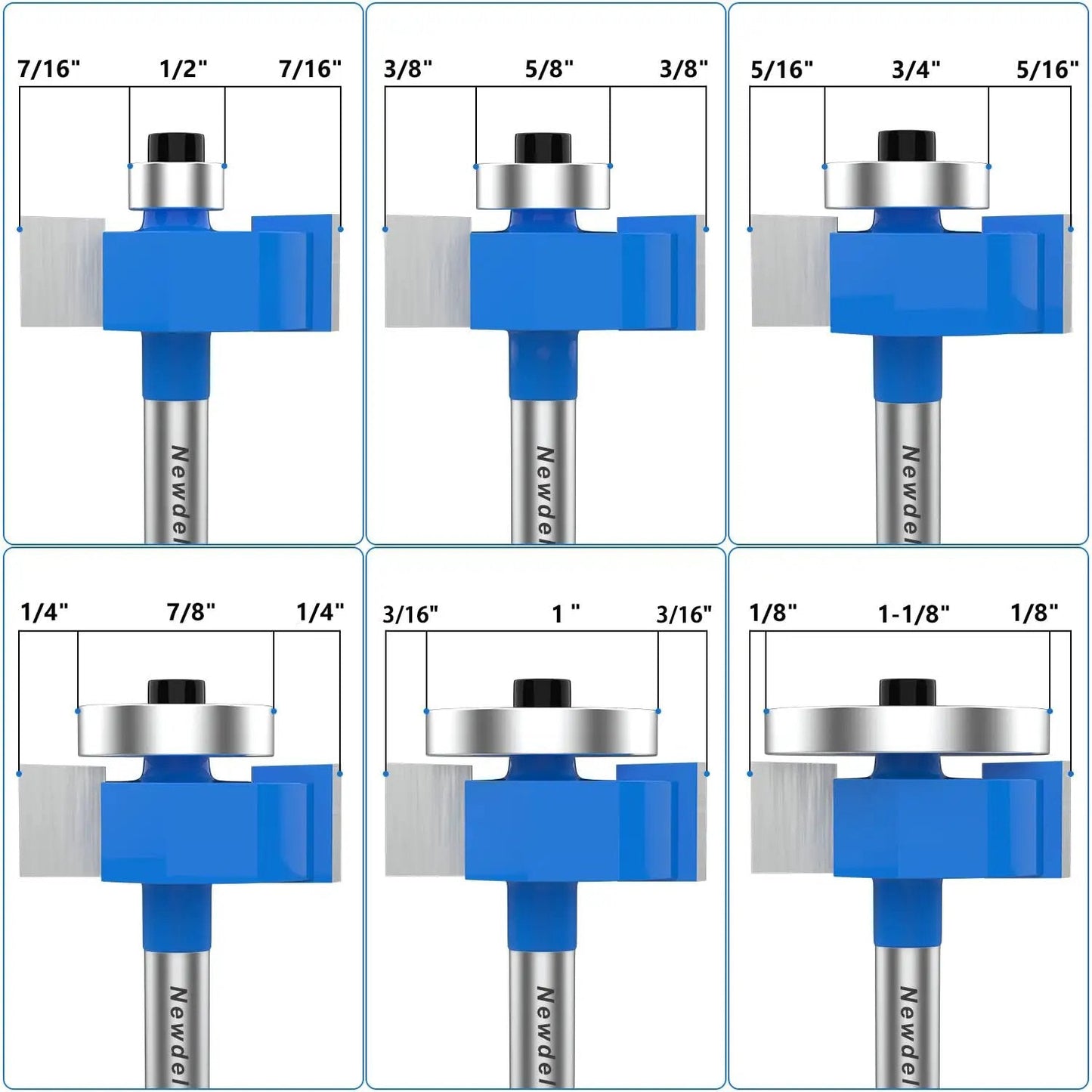 Rabbet Router Bit Set With One Quarter Inch Shank Includes Four Cutting Heights And Six Interchangeable Bearings For Depths In Easy To Use Woodworking Kit Built With YG8 Carbide Blade For Precise Rabeting And Biscuit Slot Cutting, front view.