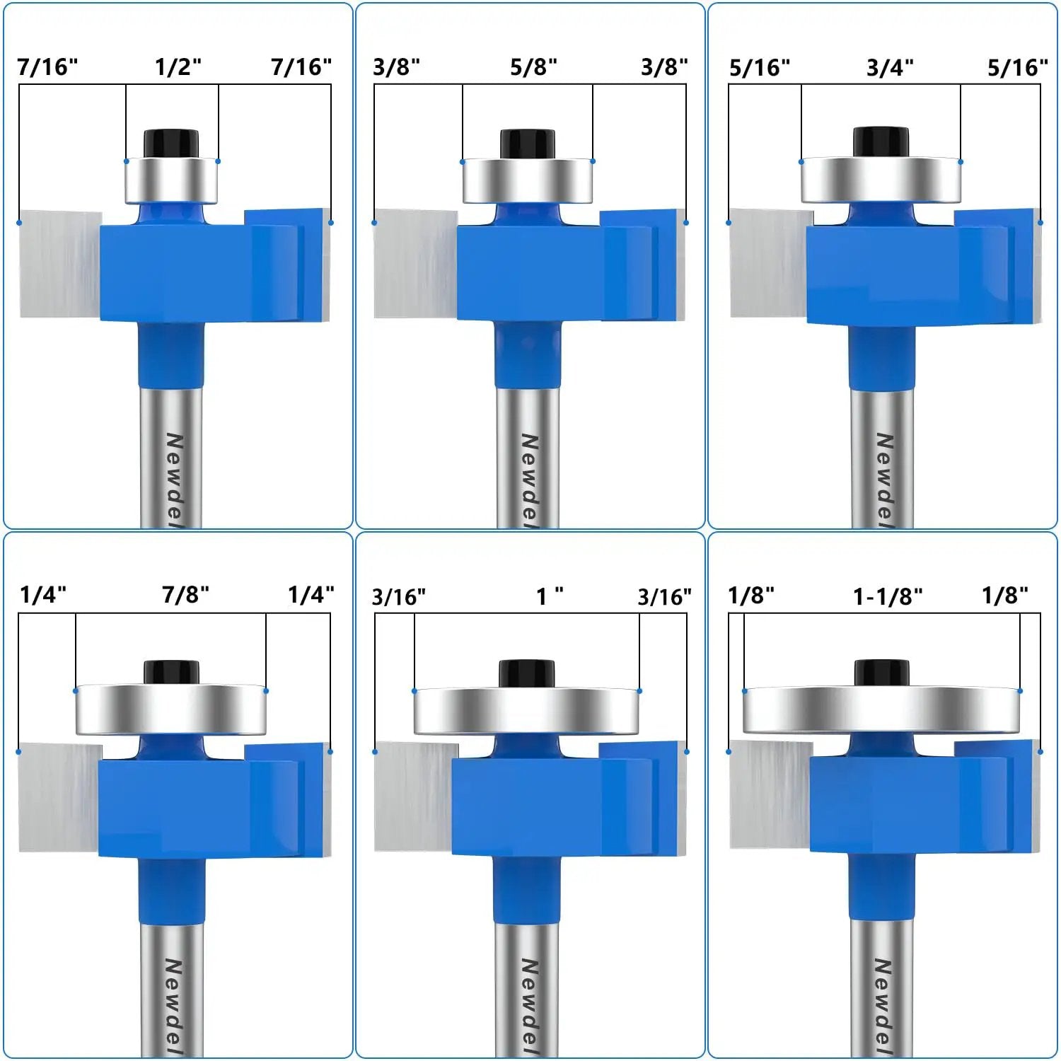 Rabbet Router Bit Set With One Quarter Inch Shank Includes Four Cutting Heights And Six Interchangeable Bearings For Depths In Easy To Use Woodworking Kit Built With YG8 Carbide Blade For Precise Rabeting And Biscuit Slot Cutting, front view.