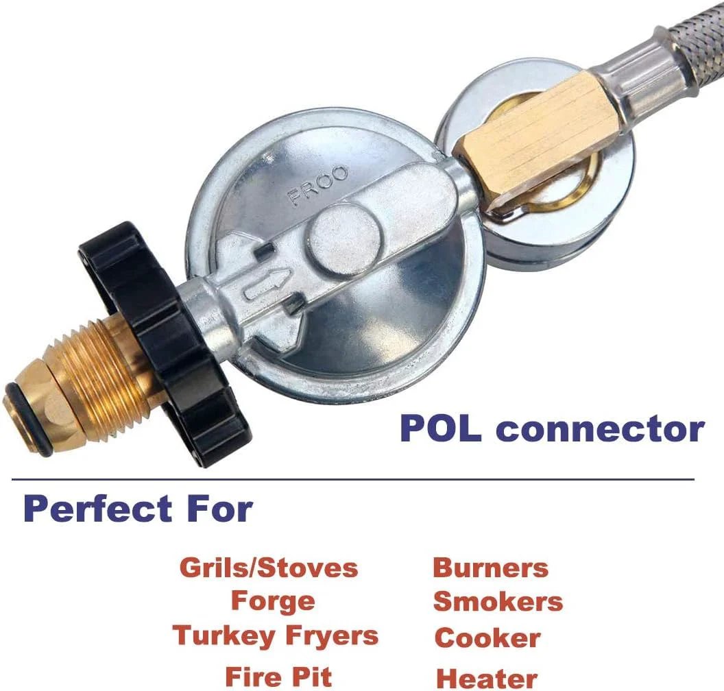 High Pressure Propane Regulator With Gauge And 12 Ft Stainless Steel Braided Hose Adjustable 0 To 30 PSI POL Connector For 5 To 100 Lb Tanks
