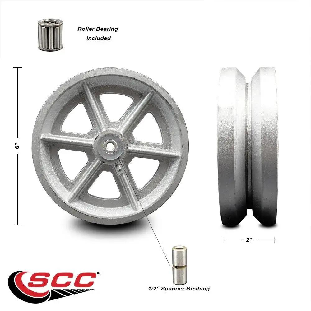 Replacement Wheel For Grainger 400K37 6 Inch Semi Steel Cast Iron V Groove Wheel With Roller Bearing 1/2 Bore front and side view