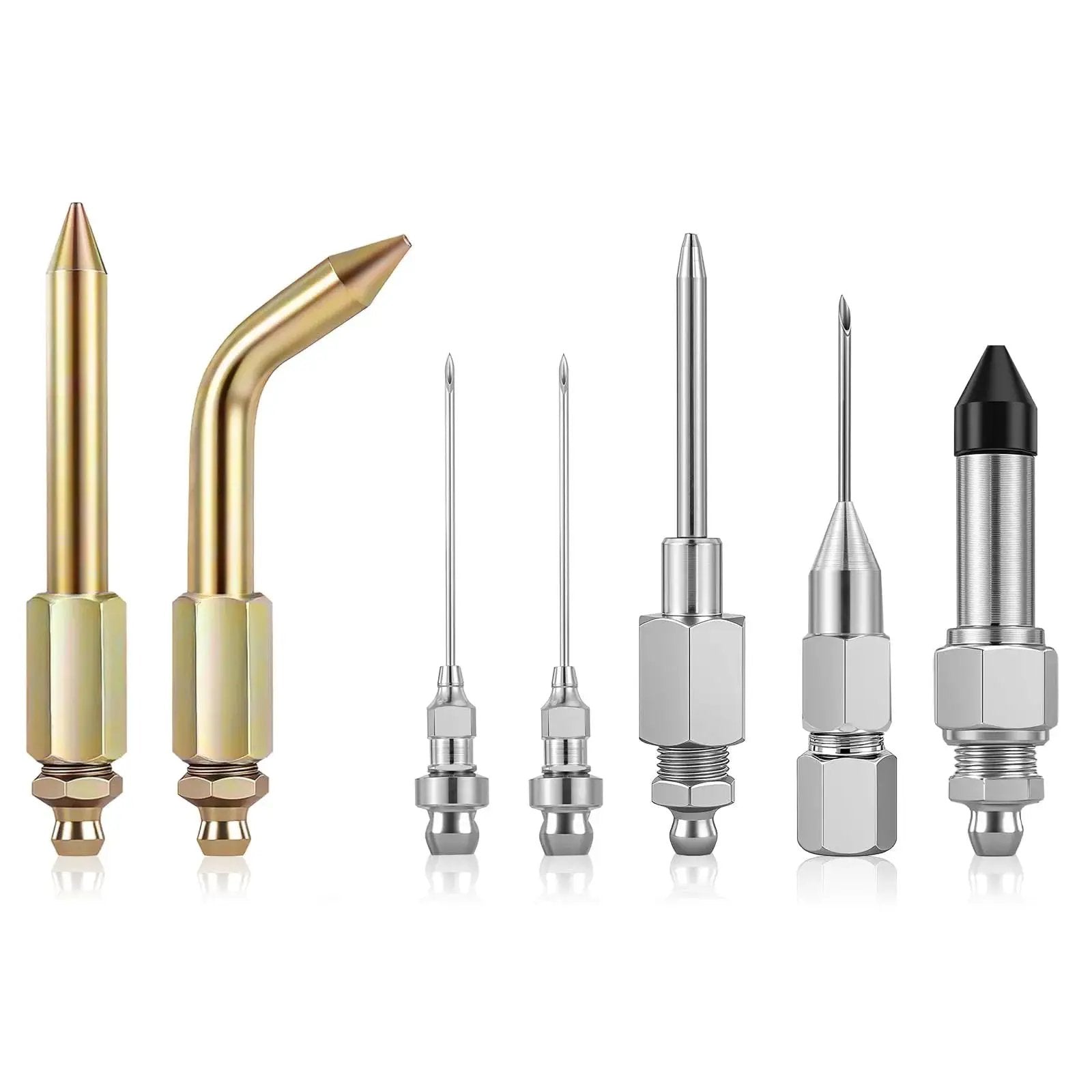 7 Piece Grease Gun Needle Tips Accessories Kit Set With Straight And Curved Nozzles Rubber Joint Detachable Injector Coupler Elbow Fittings 2 Heavy Duty Dispensers Great For Narrow Tight Small Confined Spaces