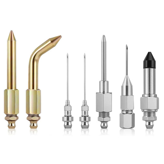 7 Piece Grease Gun Needle Tips Accessories Kit Set With Straight And Curved Nozzles Rubber Joint Detachable Injector Coupler Elbow Fittings 2 Heavy Duty Dispensers Great For Narrow Tight Small Confined Spaces