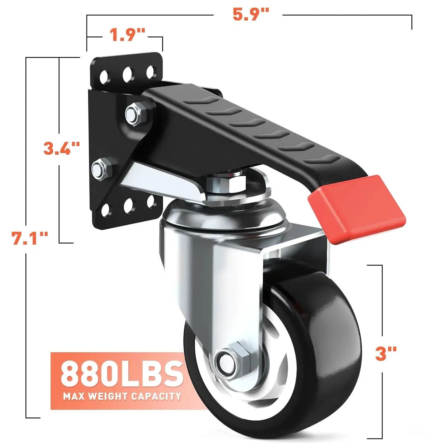 4 Pack 3 Inch Heavy Duty Retractable Workbench Casters Kit with upgraded thick steel and double bearings for 880 lbs capacity, close-up view