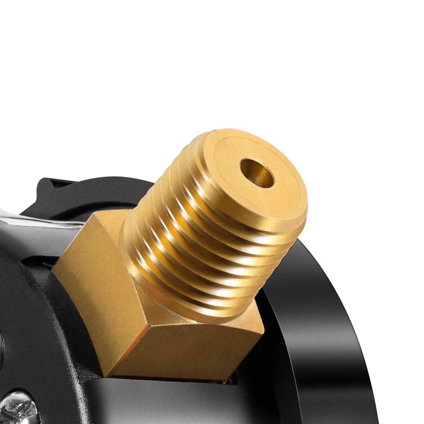 Close-up of brass fitting on High Flow Manual Air Relief Valve With Pressure Gauge Top Mount Replacement For Pool And Spa Filters