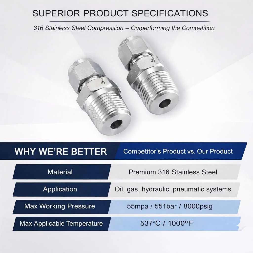 Premium 316 Stainless Steel Compression Tube Fitting Half Inch OD To Half Inch NPT Male Straight Adapter With Double Ferrules 2 Pack