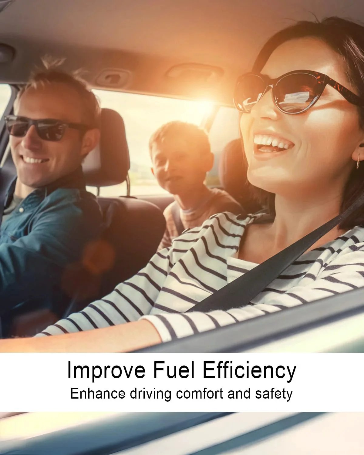 Family smiling in car, enjoying drive under sunlight, with "Improve Fuel Efficiency" text overlay.