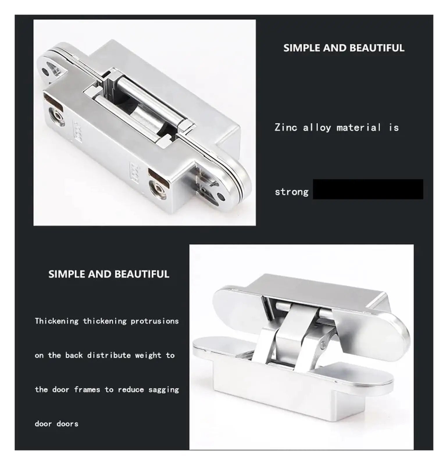 Ultra Smooth Ball Bearing Door Hinge Set For Invisible Hidden Doors 180 Degree Hinge With Folding Capability And Three Dimensional Adjustable Cross Mount Silver Noiseless Quiet Operation For Interior And Exterior Use, shown in zinc alloy material with adjustment features visible.