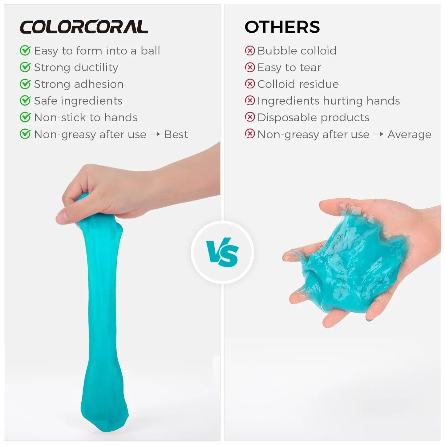 Comparison of ColorCoral Car Cleaning Gel Universal Cleaning Putty for car vents and interior on the left, against competitor's product on the right.