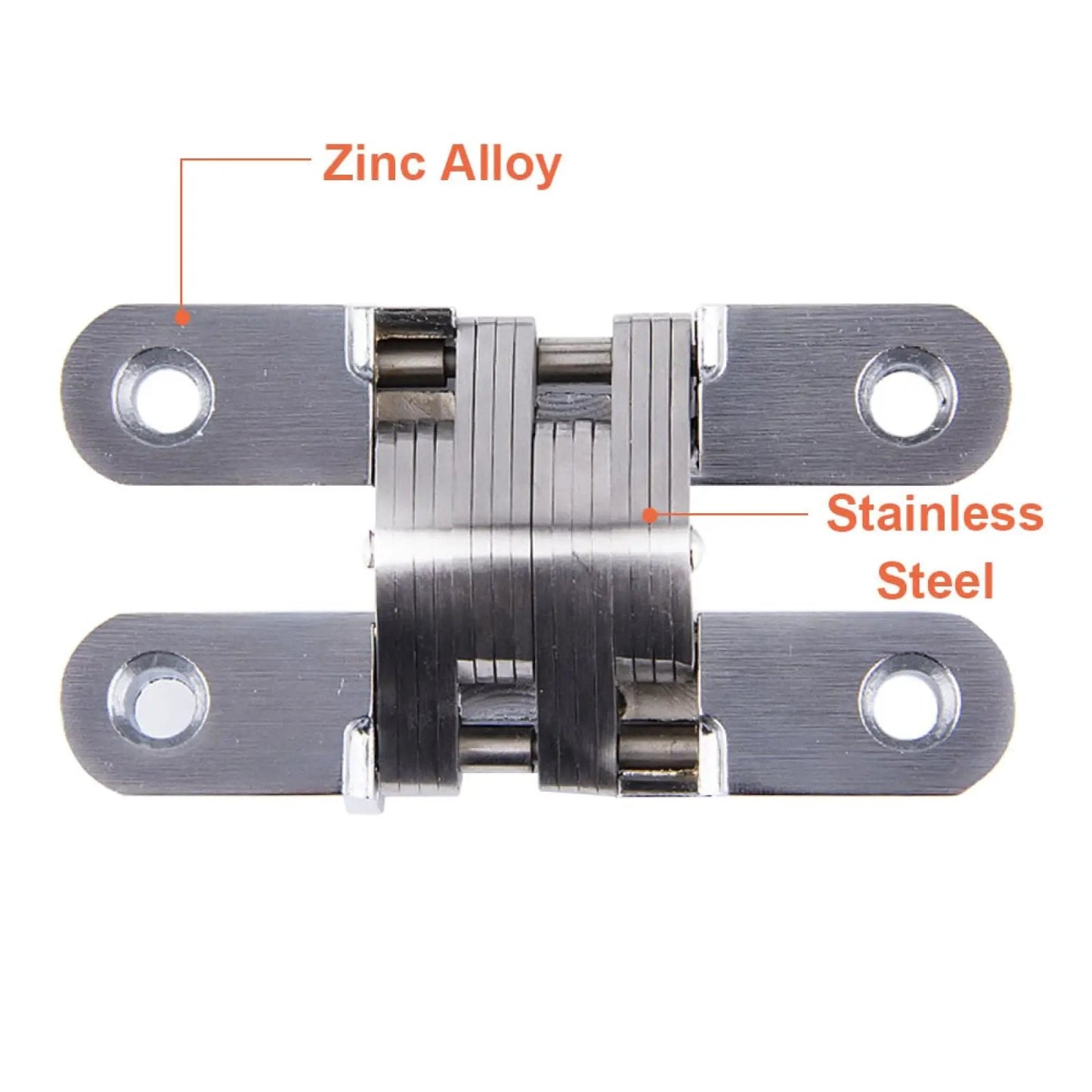 Close-up view of a Hidden Door Hinge 6 Pack Stainless Steel Cross Hinges 180 Degree Invisible Gate Hinge for Folding Tables, Cabinets, and Screens Built Tough with Zinc Alloy Bearing Hardware.