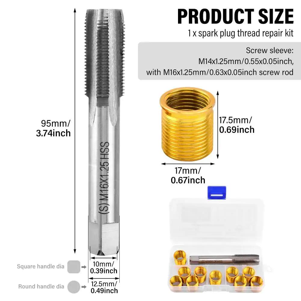 Spark Plug Thread Repair Kit With 10 Inserts And Tap For M14x1.25, showing precision tap and case with stainless inserts