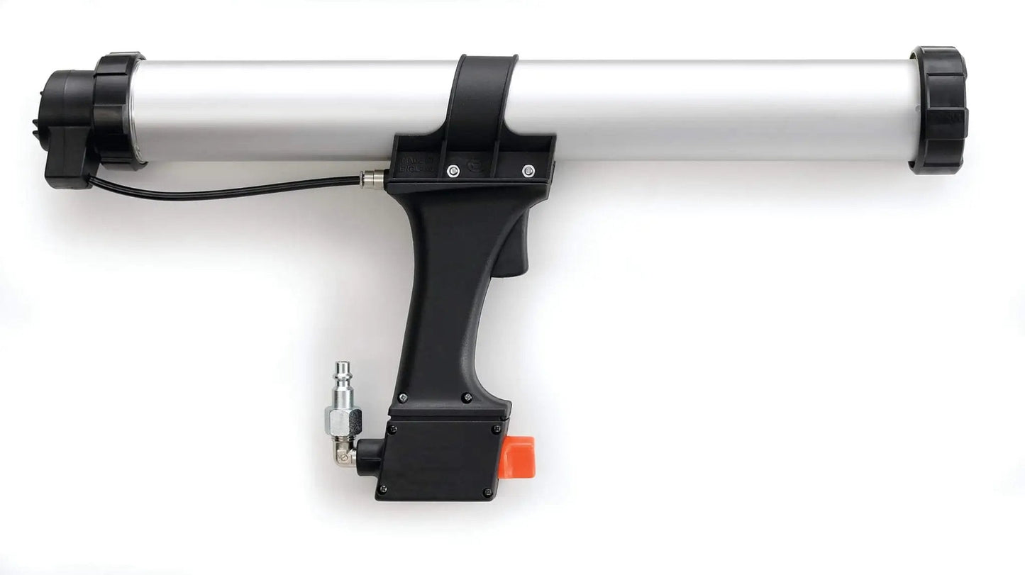 Polyurethane Adhesive for Glass 310 mL Cartridge Pack of 1 Black, shown with pneumatic dispensing gun for automotive and construction use.