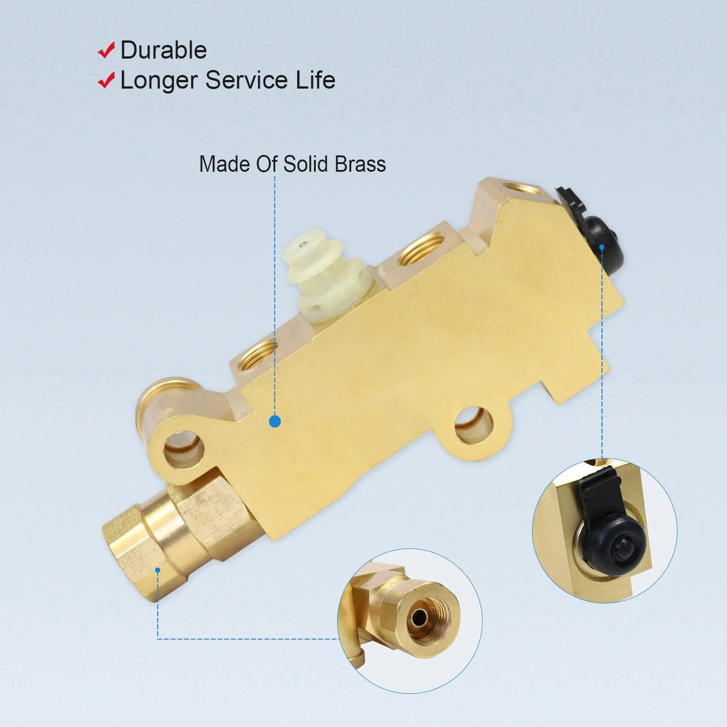 PV2 Brass Proportioning Valve For Disc Front Disc Rear Drum Brakes Beefed Up Replacement 172-1353 25509419 For GM Chevy Chevrolet Ford Classic Cars And Trucks, solid brass material shown with angle details