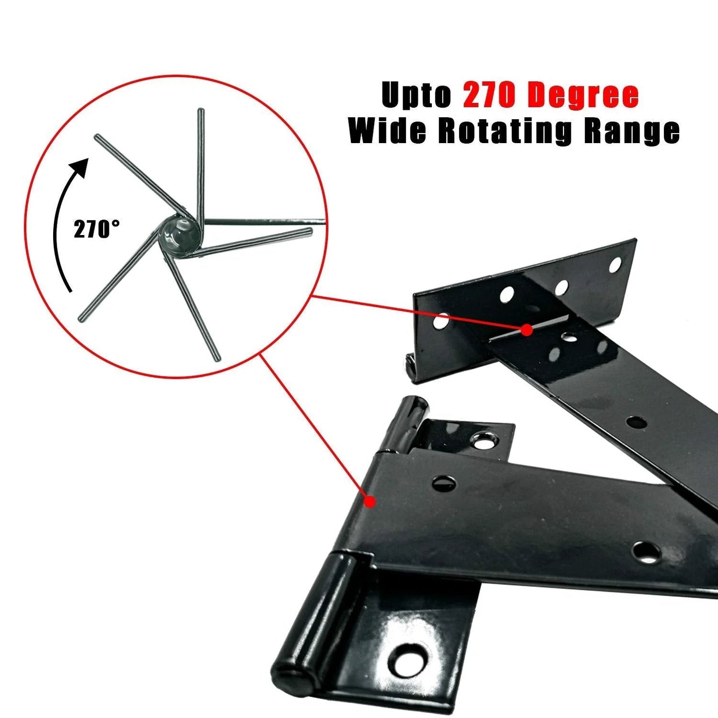 Close-up of a Heavy Duty Tee Hinge Set 4 Inch 4 Pc Rustproof Wrought Iron Black Finish showing 270-degree rotation range.