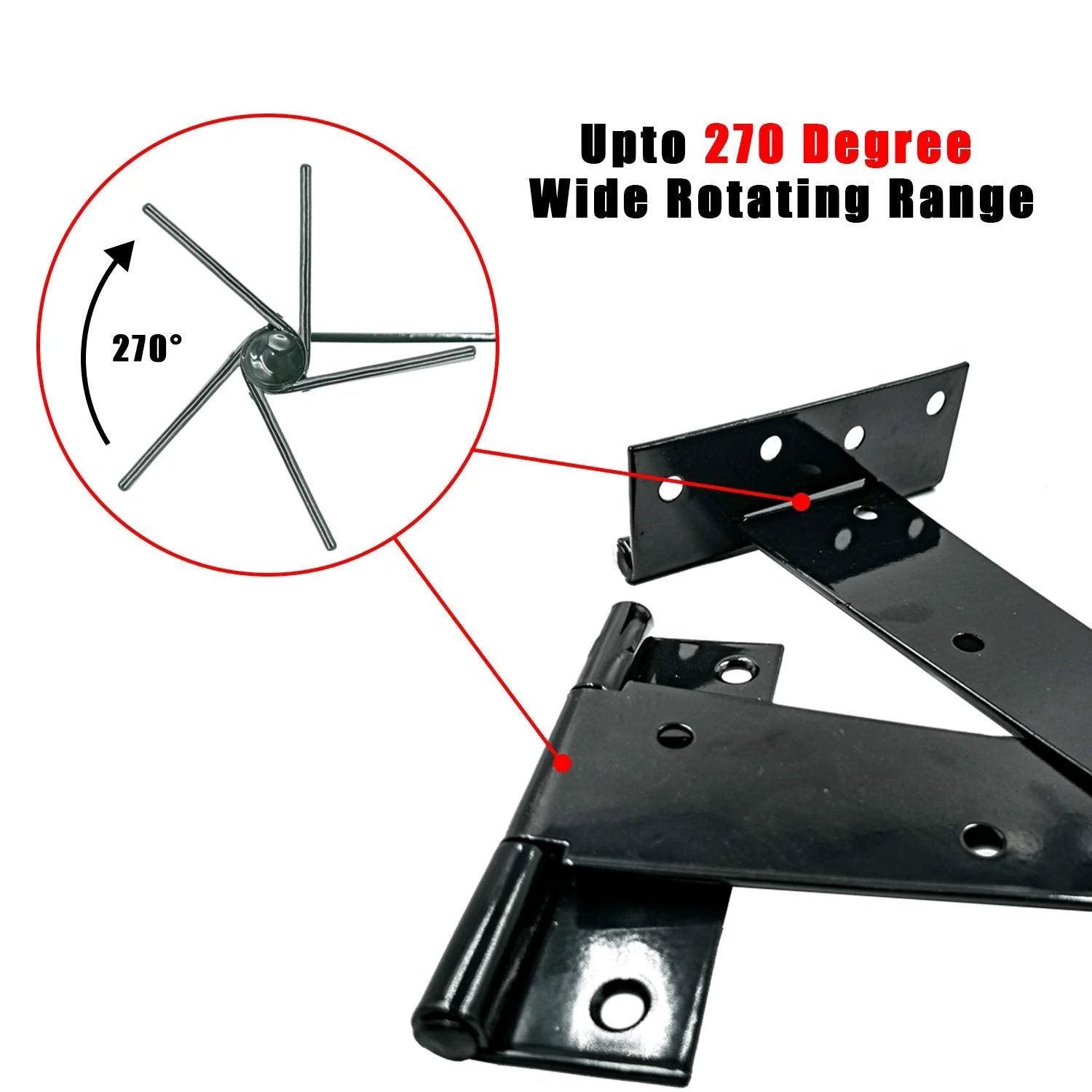 Close-up of a Heavy Duty Tee Hinge Set 4 Inch 4 Pc Rustproof Wrought Iron Black Finish showing 270-degree rotation range.