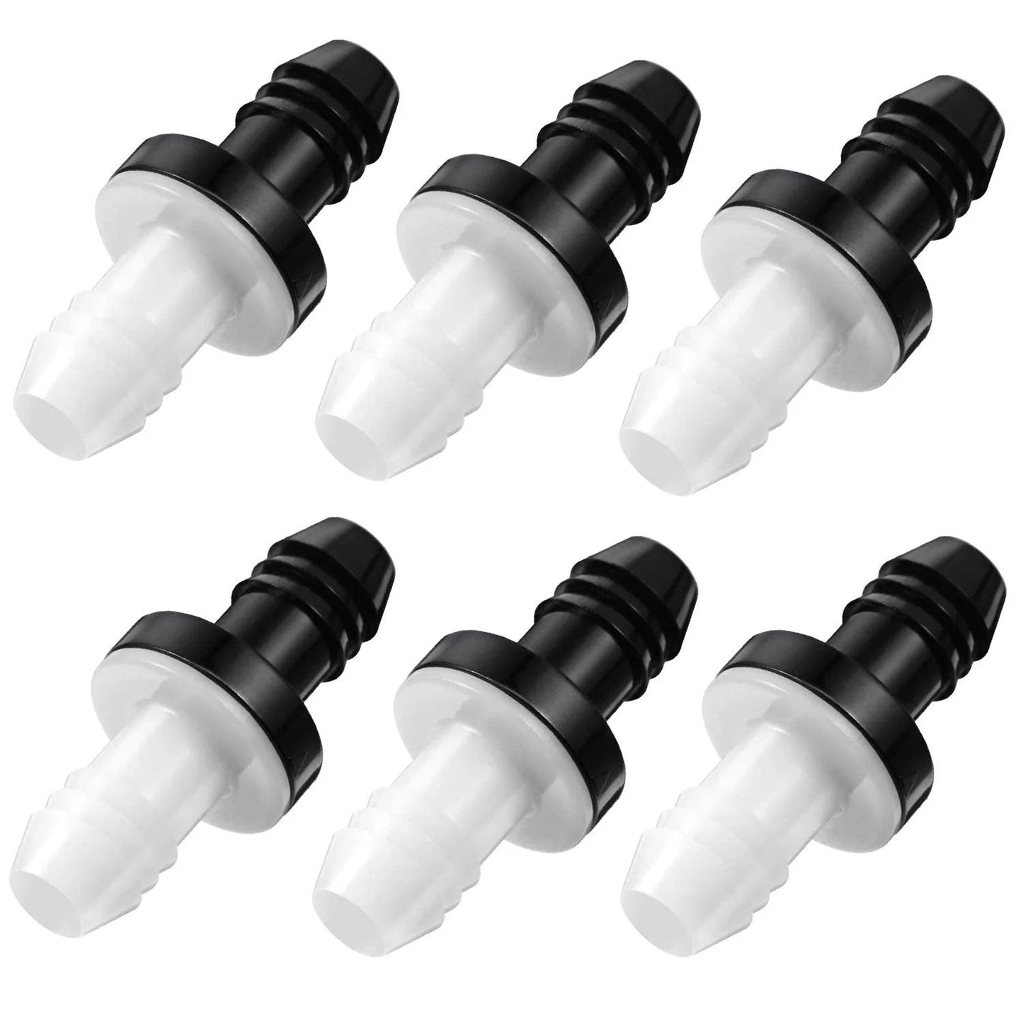 Six Piece Bulk Inline One Way Check Valve Set Three Eighths Inch ABS Plug In Valves For Fuel Water Air And Gas Systems Silicone Core Resists Heat And Corrosion For Liquids And Gases, showing six black and white check valves on white background
