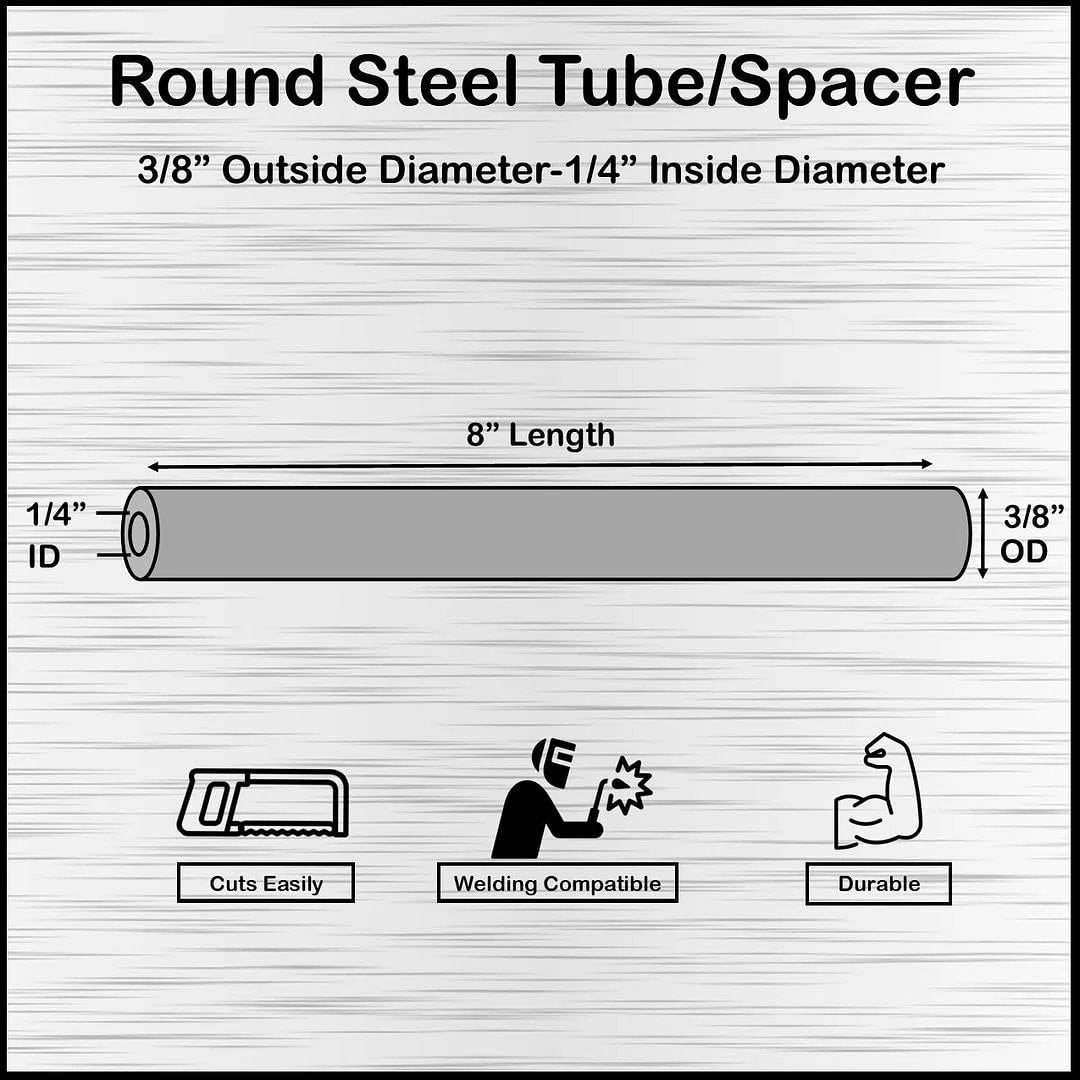 Three Eighth Inch Outer Diameter Round Steel Tube Spacer Eight Inch Long Two Pack For Diy Projects One Quarter Inch Inner Diameter Seamless Straight Pipe Tubing Polished Steel With Oiled Finish Ready For Cutting Welding And Painting diagram showing dimensions and features.