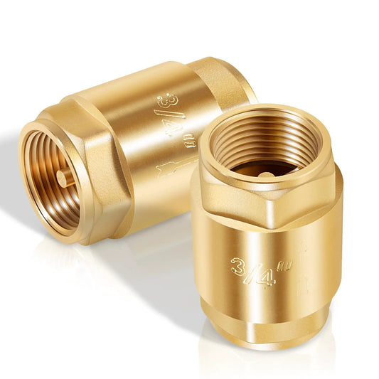 Two Pack Brass In Line One Way Check Valve Three Quarter Inch IPS For Water Hose Backflow Prevention Ideal For Plumbing Irrigation And HVAC Systems For Home And Commercial Use
