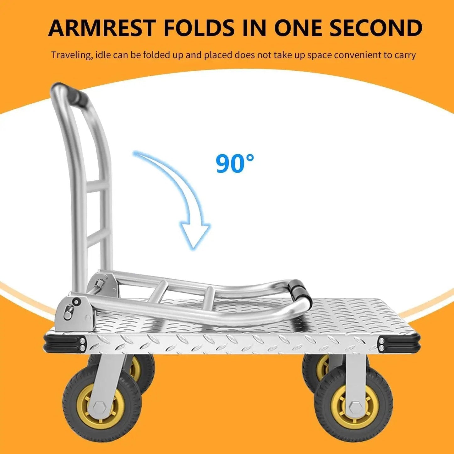Foldable Platform Truck Push Dolly Heavy Duty 2000 Lb Capacity with brake, featuring foldable armrest and 6-inch 360-degree swivel wheels.