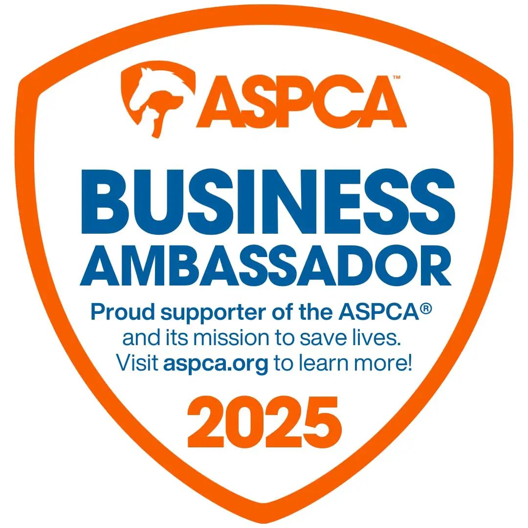 ASPCA Business Ambassador 2025 badge, supporting animal rescue and welfare mission with ASPCA logo and website.