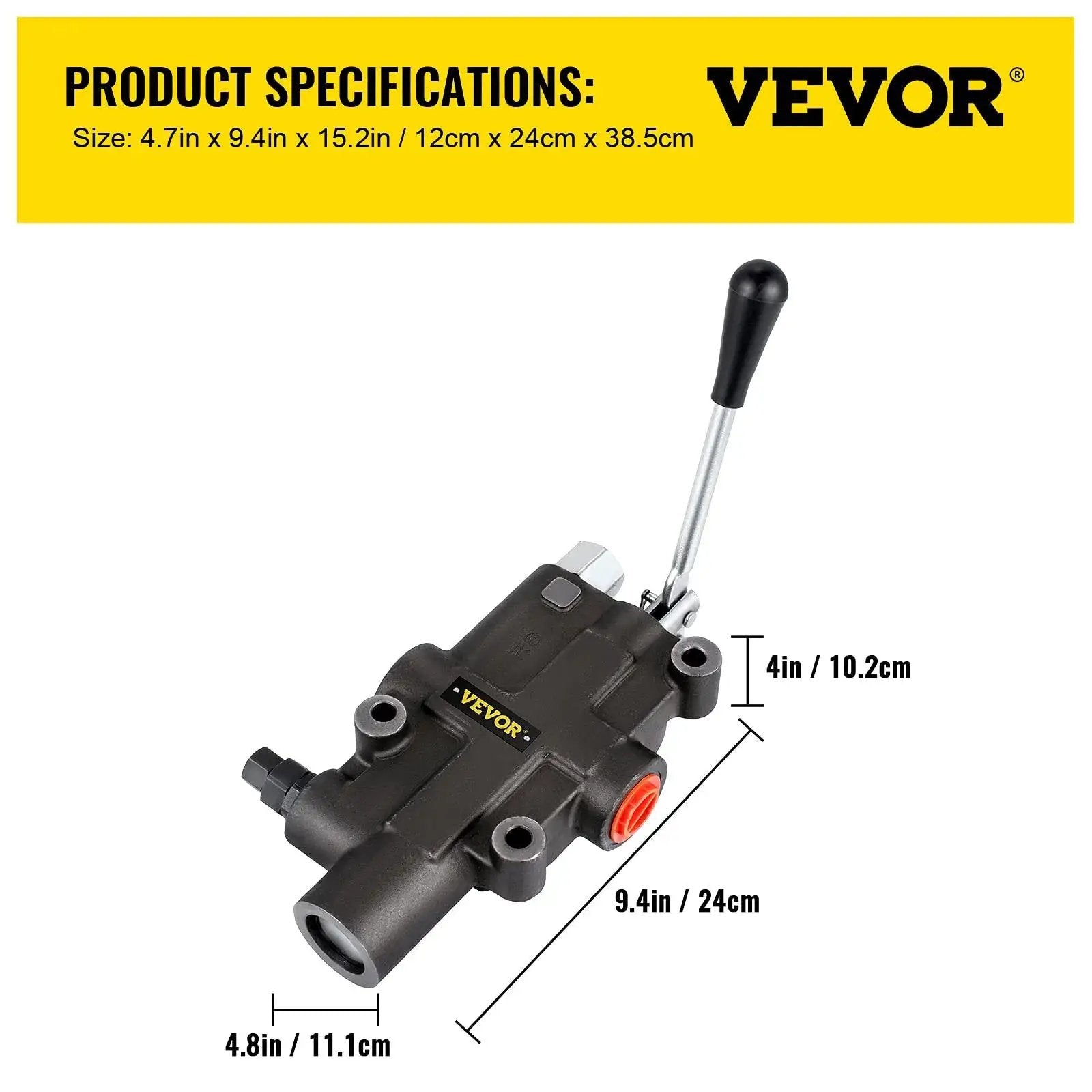 Versatile Hydraulic Directional Control Valve With 1 Spool, 4300 PSI And 21 GPM, Heavy Duty Loader Valve by VEVOR, with dimensions.