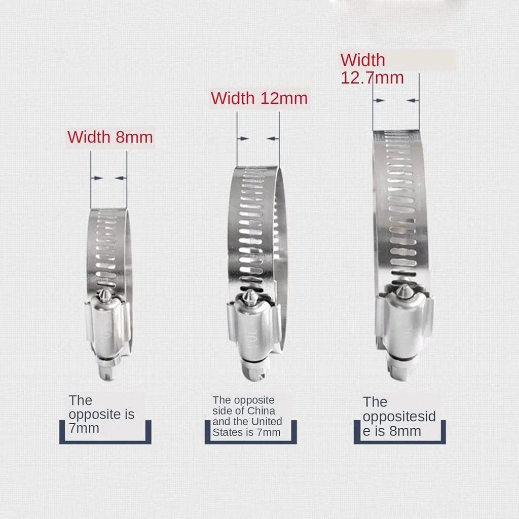 10 Pcs 304 Stainless Steel Adjustable Hose Clamps Set For Automotive And Industrial Use shown in various widths.