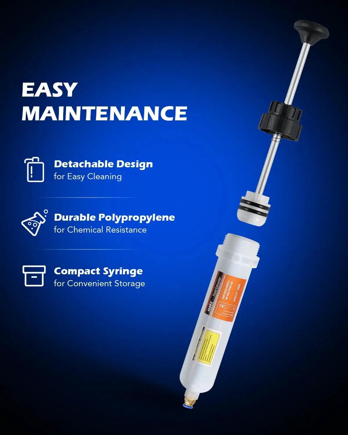 200mL Manual Fluid Extractor And Filler Syringe Style Pump For Automotive Fluids with detachable design and polypropylene material.