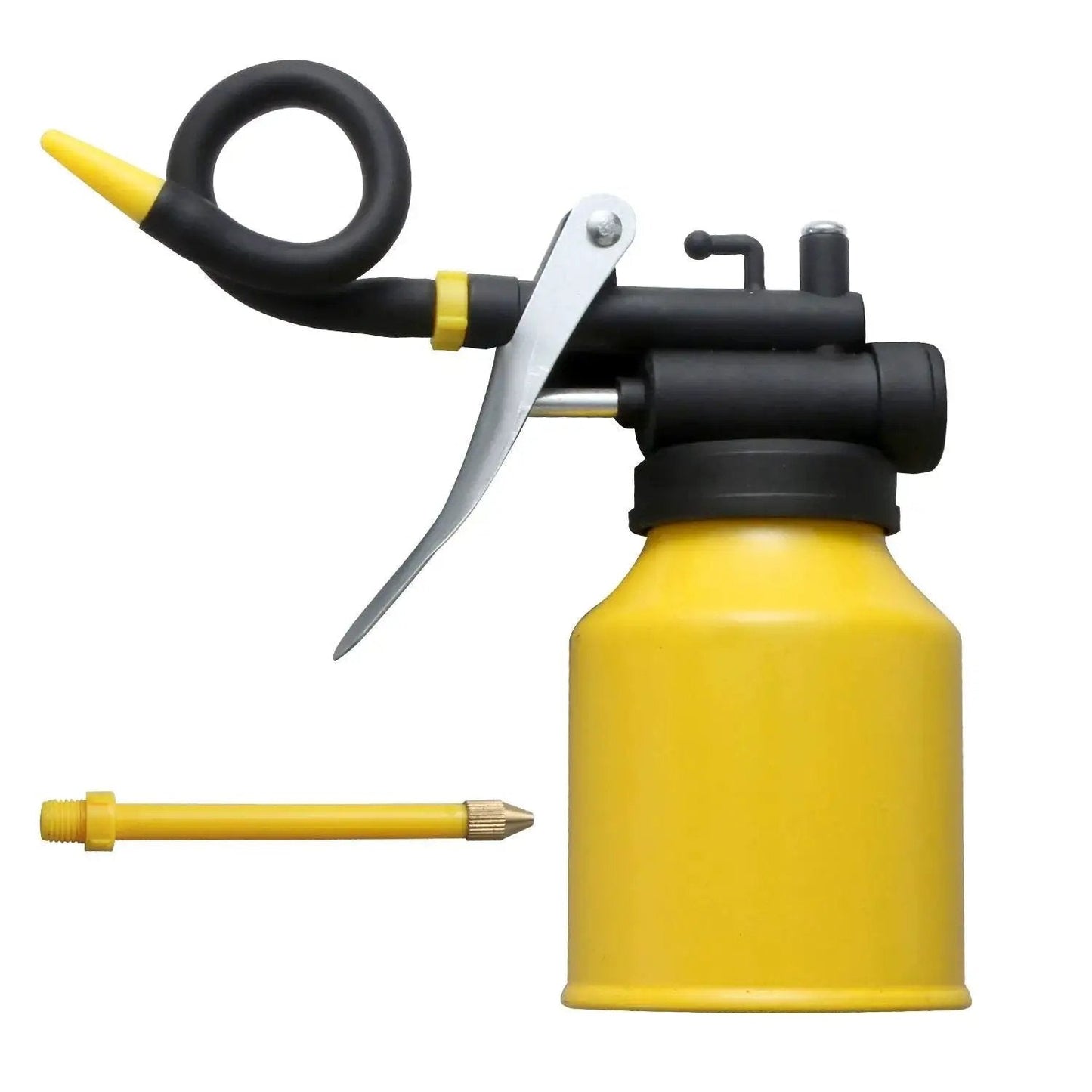 Durable Yellow Metal Oiler Can With Dual Spouts And Built In Pump 8oz 250ml 9 Inch Flexible Spout And 3 Inch Straight Nozzle