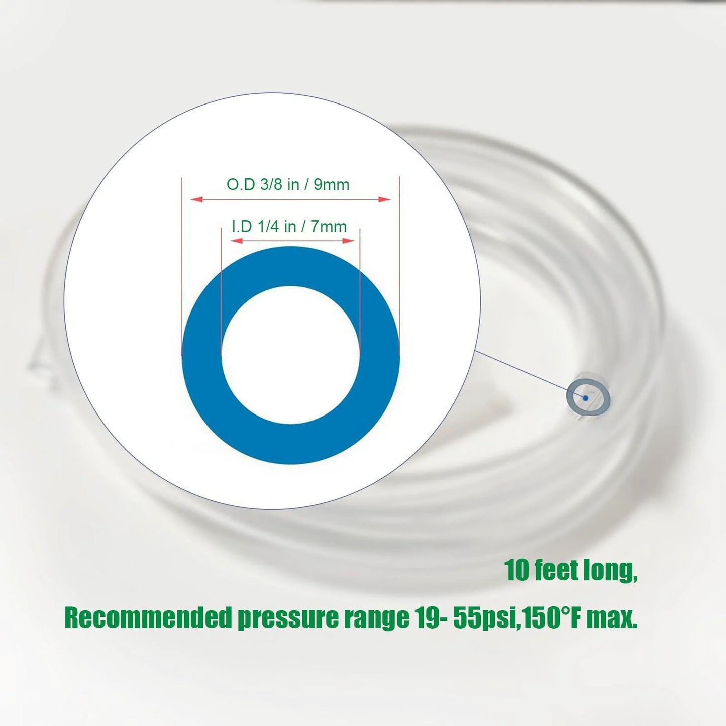 Clear PVC Vinyl Tubing 1/4in ID X 3/8in OD, 10 Feet Long with close-up of diameter dimensions and pressure range info
