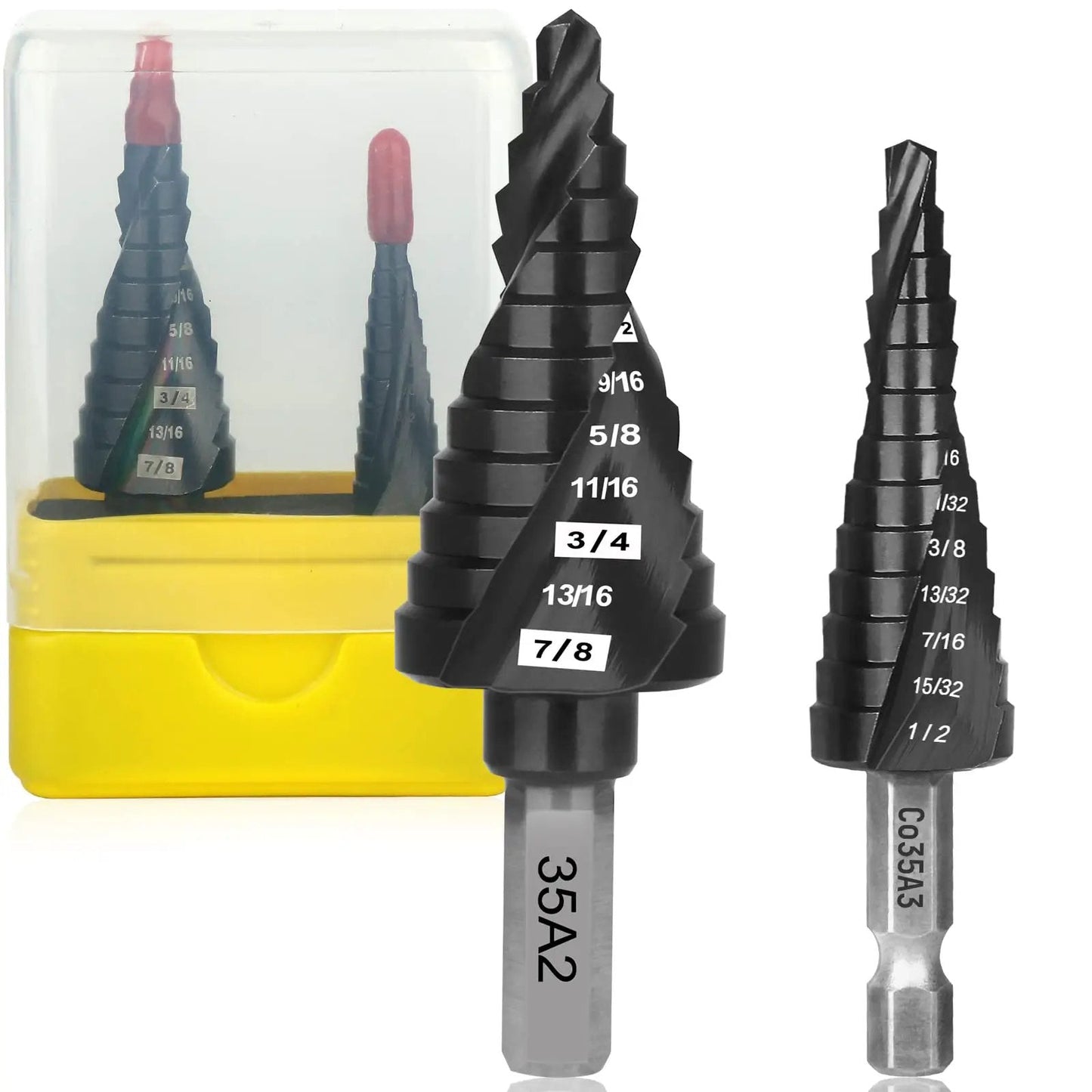 M35 Cobalt Step Drill Bit Set With 25 Steps From One Eighth To Seven Eighth Inch For Stainless Steel Hard Metal Aluminum Iron Wood PVC Copper Heavy Duty Drill Bits Includes Two Pieces Built For Long Life Workhorse Drilling shown with case
