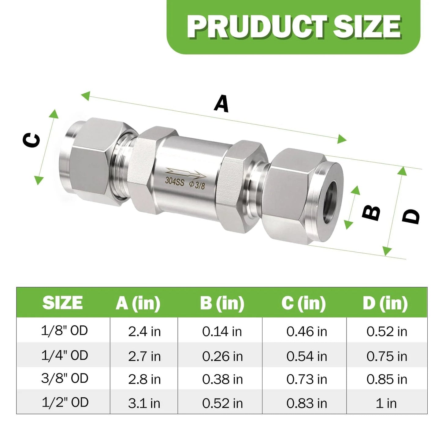 Diagram of Premium Heavy Duty 304 Stainless Steel Compression Check Valve For Water Oil Gas Three Eighths Inch OD One Way Backflow Prevention Non Return Valve 1 Pack Goldpea with dimensions.