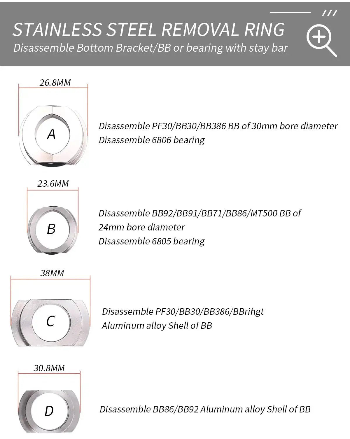 Diagram of stainless steel removal rings for Professional Durable Bicycle Bearing Press And Removal Tool Kit, showing dimensions for various bottom brackets.