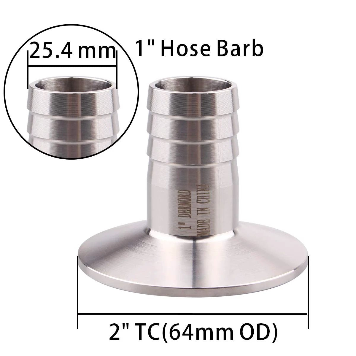 2 Inch Tri Clamp to 1 Inch Hose Barbed Adapter SUS304 Stainless Steel Sanitary Fitting, front view showing barb dimensions