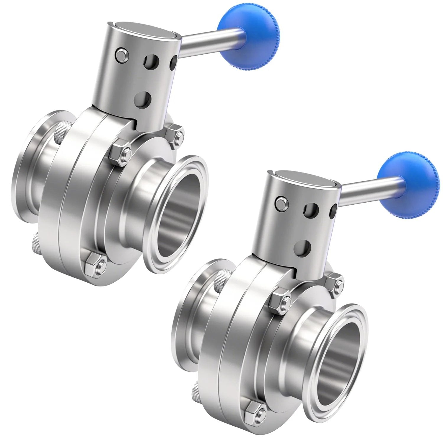 Set Of 2 1.5 Inch Sanitary Butterfly Valves With Pull Handle, 304 Stainless Steel Tri Clamp Clover, Fits 1.5 Inch Tube OD