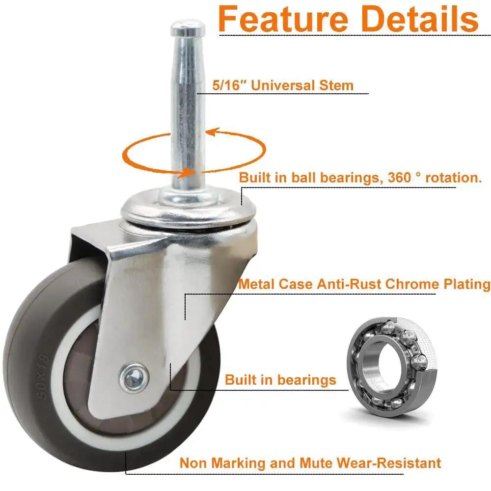 Close-up of 2 Inch Rubber Swivel Caster Wheel with grip neck stem sockets, five sixteenth by one and a half inch, showing features.