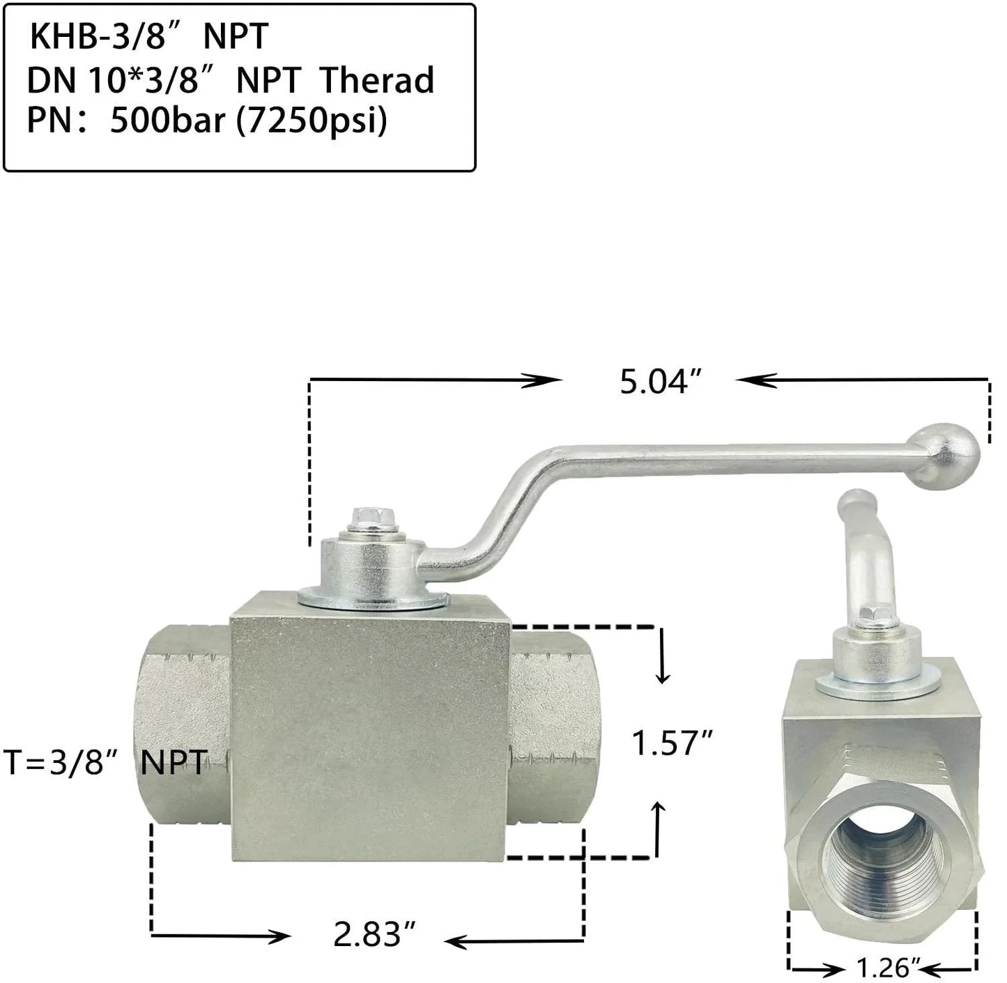 Two Way Hydraulic Ball Valve With Three Eighths Inch NPT 7250 PSI Maximum Shut Off Carbon Steel With Zinc Plating Autovo KHB Series