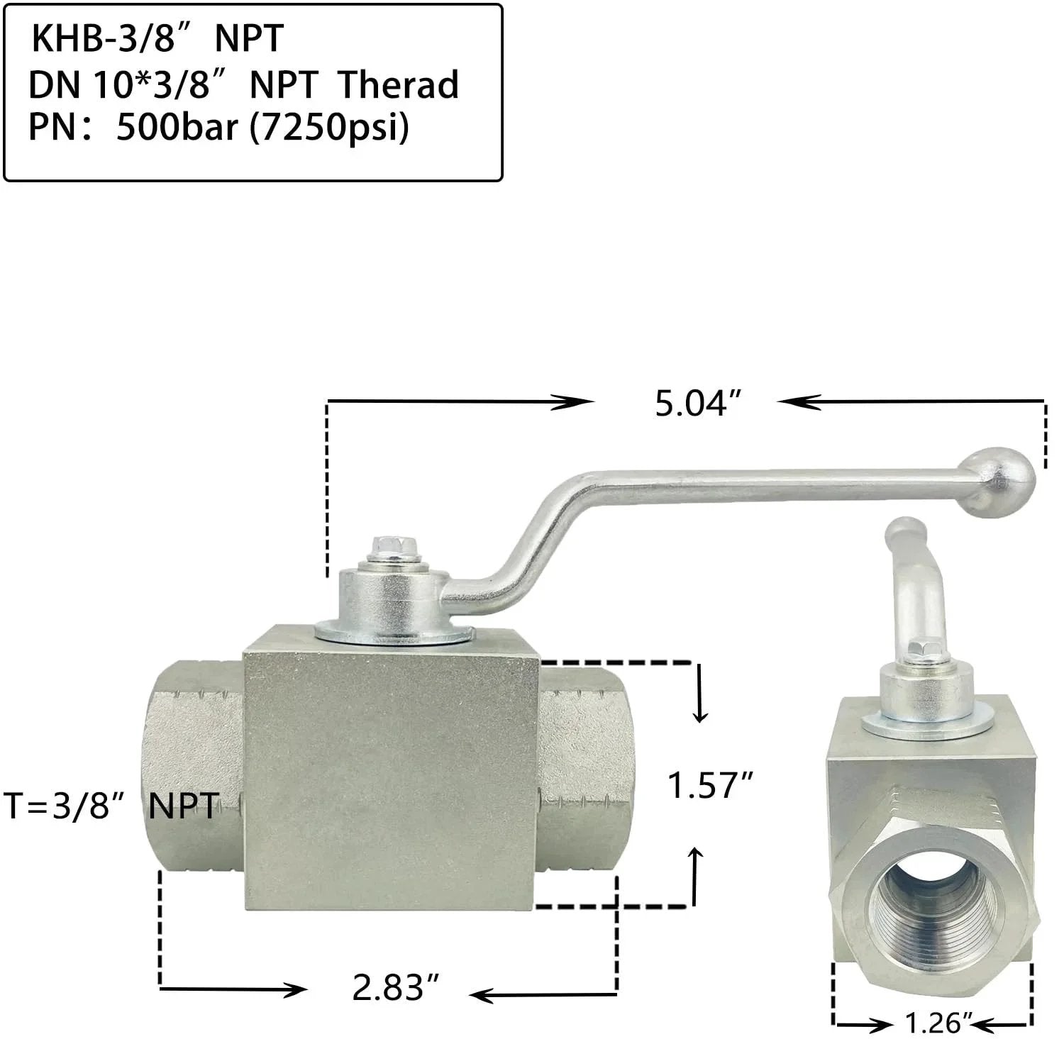 Two Way Hydraulic Ball Valve With Three Eighths Inch NPT 7250 PSI Maximum Shut Off Carbon Steel With Zinc Plating Autovo KHB Series