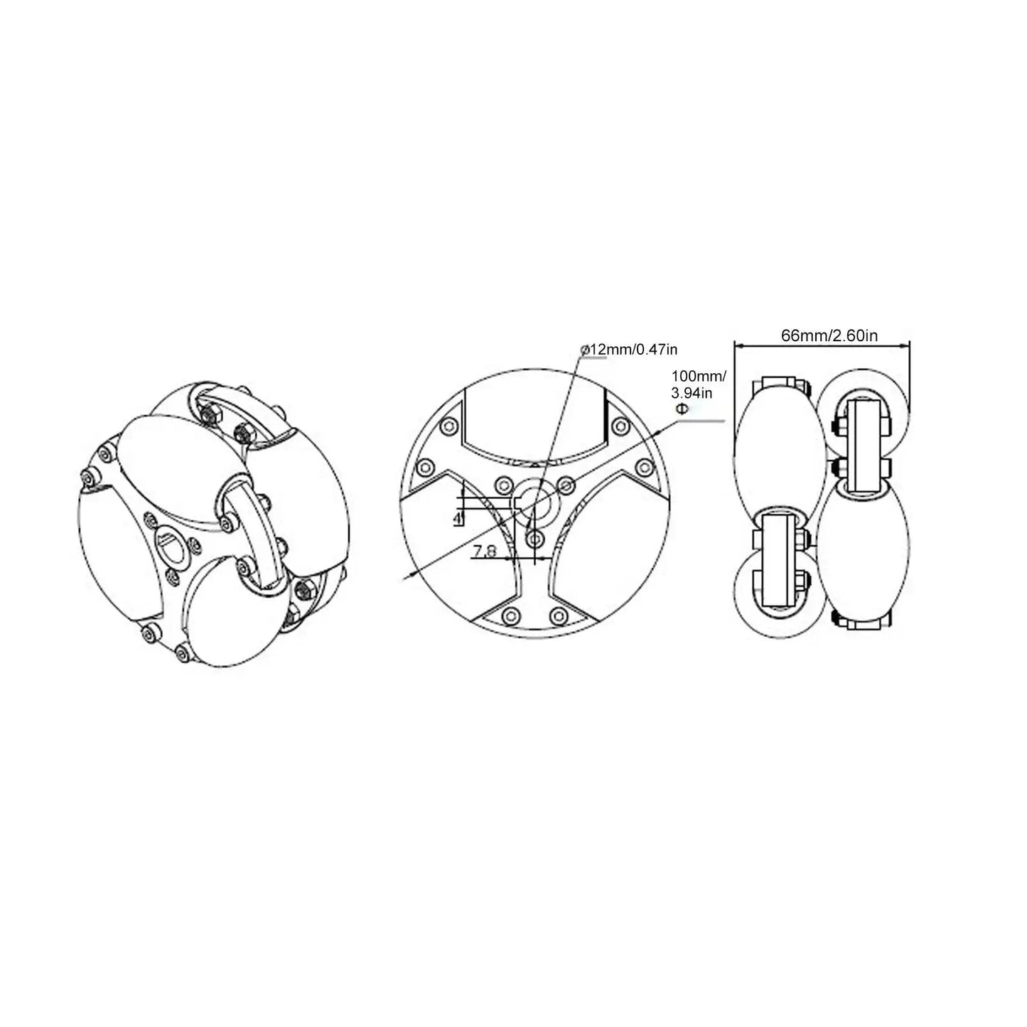 Technical drawing of Heavy Duty 100mm Omni Directional Wheel with Double Row Aluminum Alloy for 360 Degree Rotation and Swivel Maneuverability