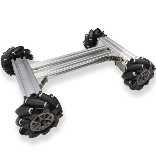 Professional 4WD Metal Robot Car Chassis Kit With 97mm Mecanum Wheels, top view showcasing metal frame for AGV and DIY RC projects