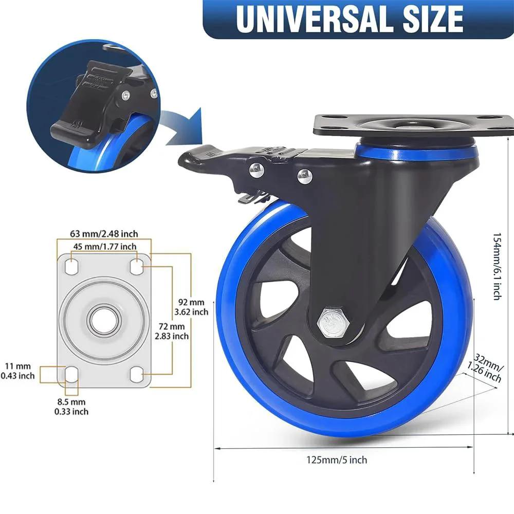 5 Inch Caster Wheels Set Of 4 Heavy Duty With Dual Locking Brakes and polyurethane wheels, detailed dimensions and steel construction