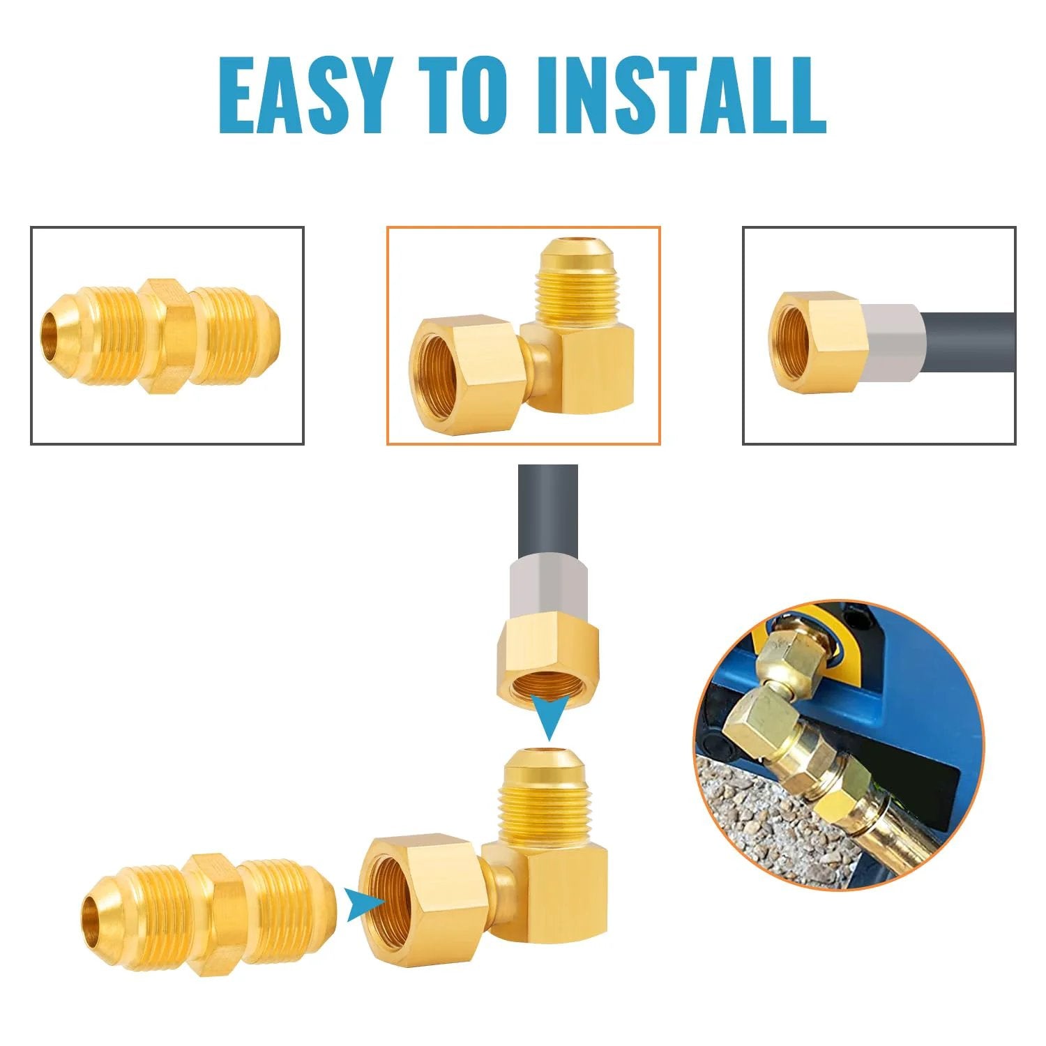 Three Eighth Inch Female Swivel To Three Eighth Inch Male Flare Brass Elbow Fitting Ninety Degree Swivel For Low Pressure Propane Gas Heaters One Pack Includes Sealing Tape shown connected and in parts.