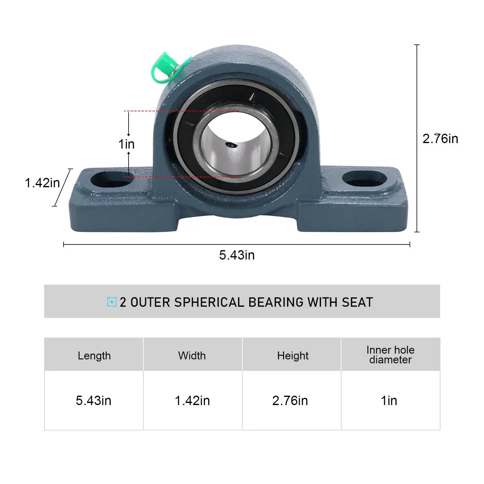 Front view of Two Pack UCP205-16 Mounted Pillow Block Bearing Set, 1 inch shafts, chrome steel bearing, solid cast iron base; dimensions labeled