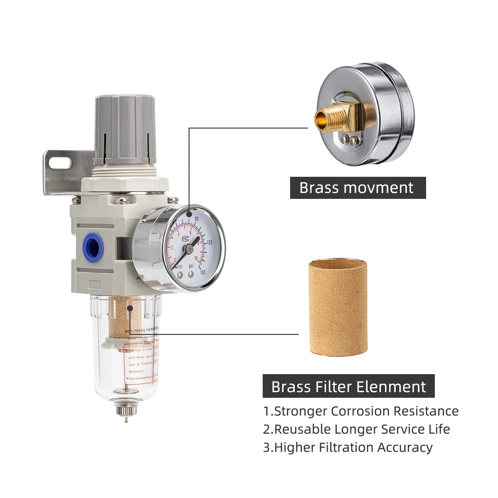 Pneumatic Air Compressor Filter Regulator Combo Pro Grade Quarter Inch NPT 150 PSI With Adjustable Gauge Water Separator Metal Bracket Manual Drain 5 Micron Brass Cartridge
