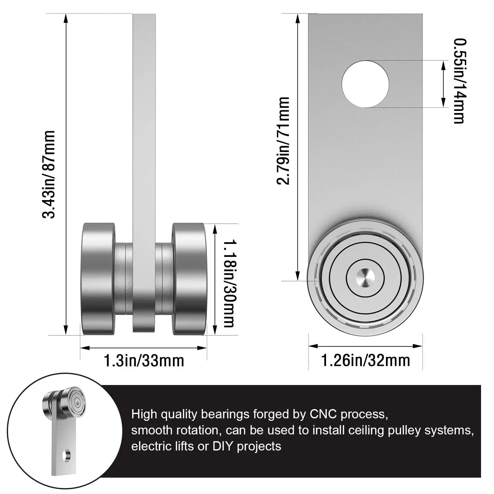 Diagram of two-wheel trolley assembly rollers with dimensions, for 1-5/8 inch strut channel, garage hoist system compatibility, silver finish.