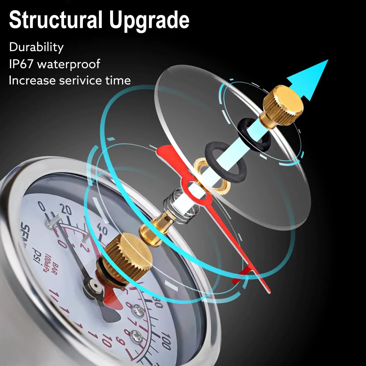 Exploded view of Water Pressure Gauge For Home Use 0-200 PSI With 2.5 Inch Dial Lead Free Stainless Steel Case IP67 Waterproof 3/4 Inch Female Garden Hose Thread Ideal For Potable Water Systems And DIY Home Plumbing