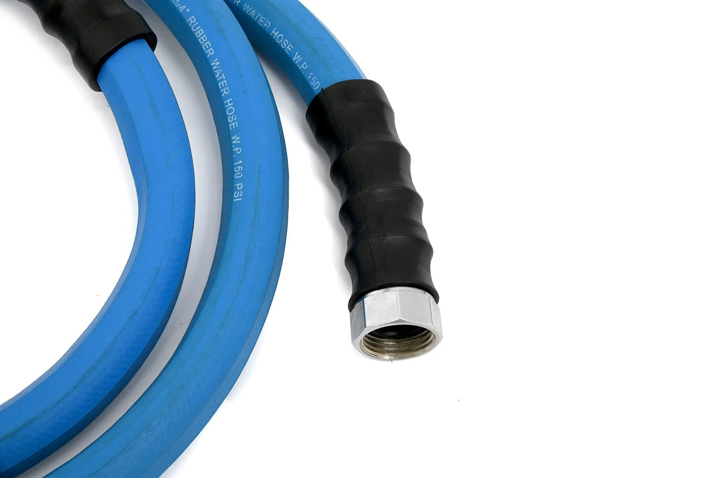 Close-up of Ultra Light Rubber Garden Hose Three Quarter Inch Six Foot For Hot And Cold Water 500 PSI Maximum Pressure with fittings
