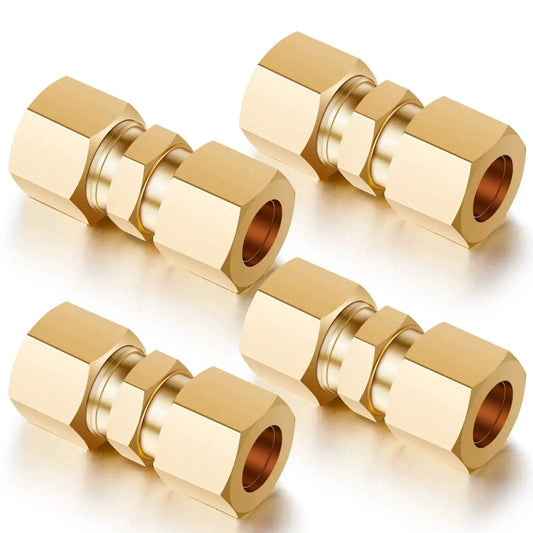 4 Pack Brass Compression Tube Fittings 3/8 Inch OD Union Connectors For Copper Aluminum And Plastic Tubing With Watertight Seal Ideal For Waterlines