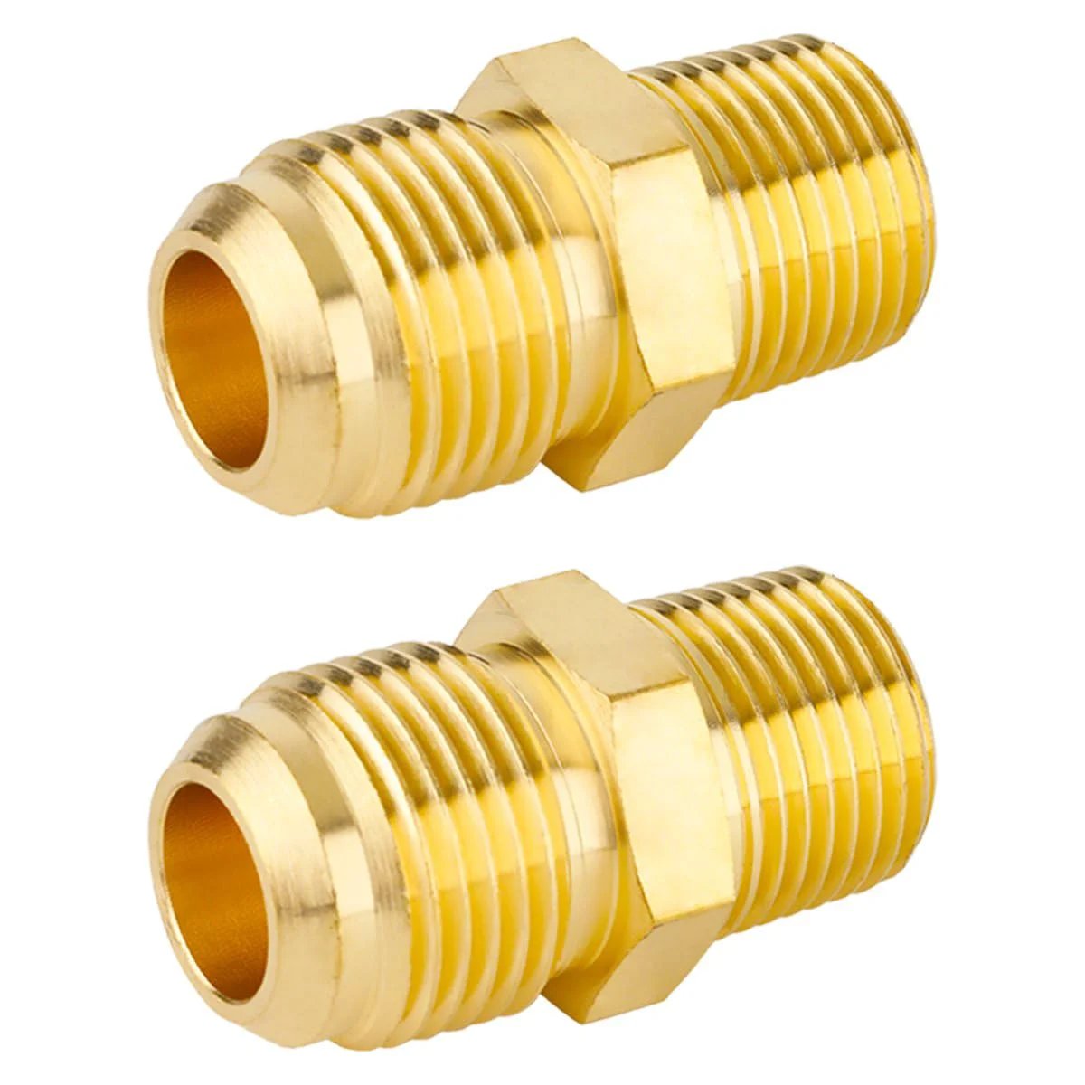 Heavy Duty Two Piece Tube Fitting Half Union Gas Adapter One Half Inch Flare To Three Eighths Inch NPT Male Pipe Coupler Brass Beefy Construction For Durable Corrosion Resistant Connections Besosay, front view