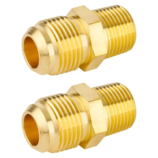 Heavy Duty Two Piece Tube Fitting Half Union Gas Adapter One Half Inch Flare To Three Eighths Inch NPT Male Pipe Coupler Brass Beefy Construction For Durable Corrosion Resistant Connections Besosay, front view