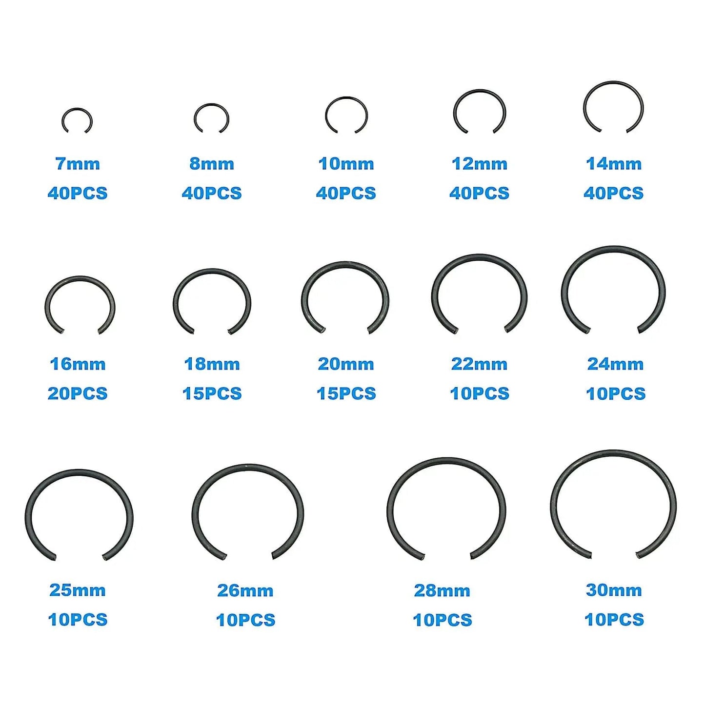 Pro Grade 310-Piece Round Wire C Clip Snap Ring Set displayed with sizes 7mm to 30mm, organized by piece count.