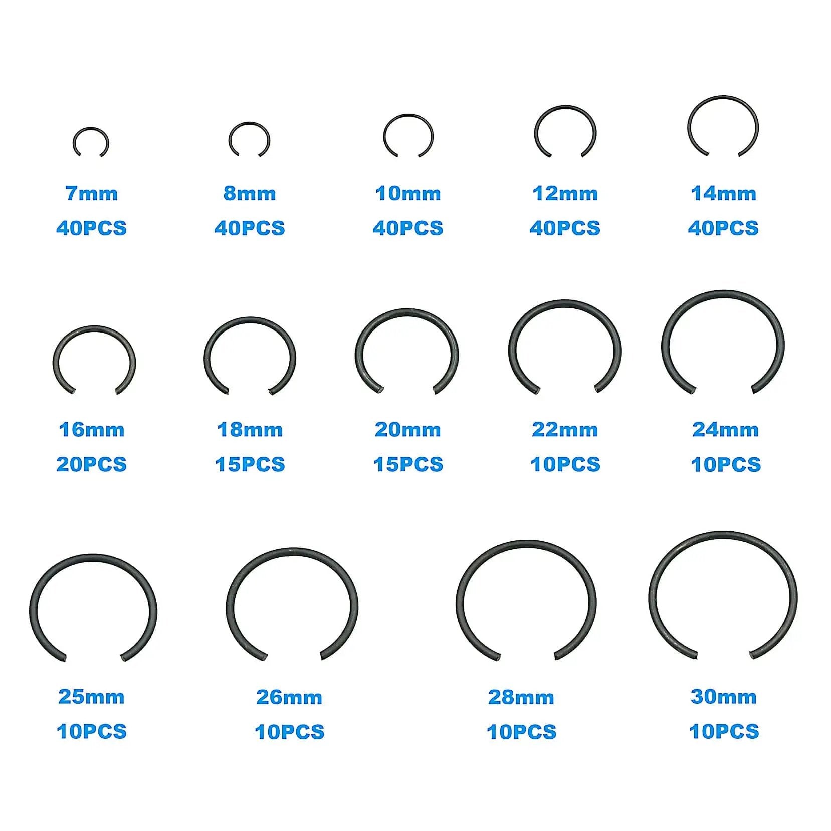 Pro Grade 310-Piece Round Wire C Clip Snap Ring Set displayed with sizes 7mm to 30mm, organized by piece count.